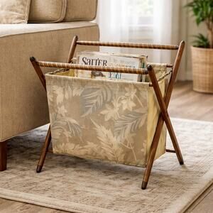 Vintage MCM Wooden Folding Magazine Rack Palm Leaf Fabric Holder